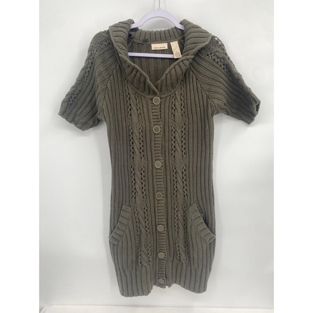 DKNY Long Olive Green Button Up Sweater Short Sleeve Collared Pockets Medium